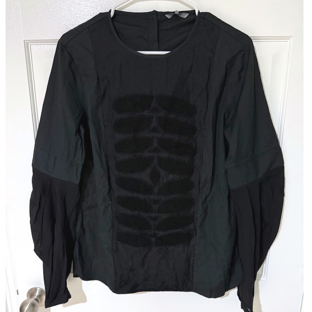 Maiyet Black Mixed Media Applique Silk Wool Cotton Button Back Blouse Size 40